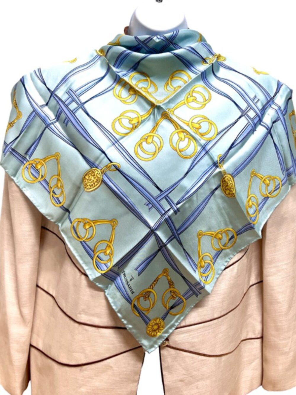 (2) Never Won TRUSSARDI Scarf Silk 20-22.5" Blue White Gold Chain ( 65) - Picture 9 of 14